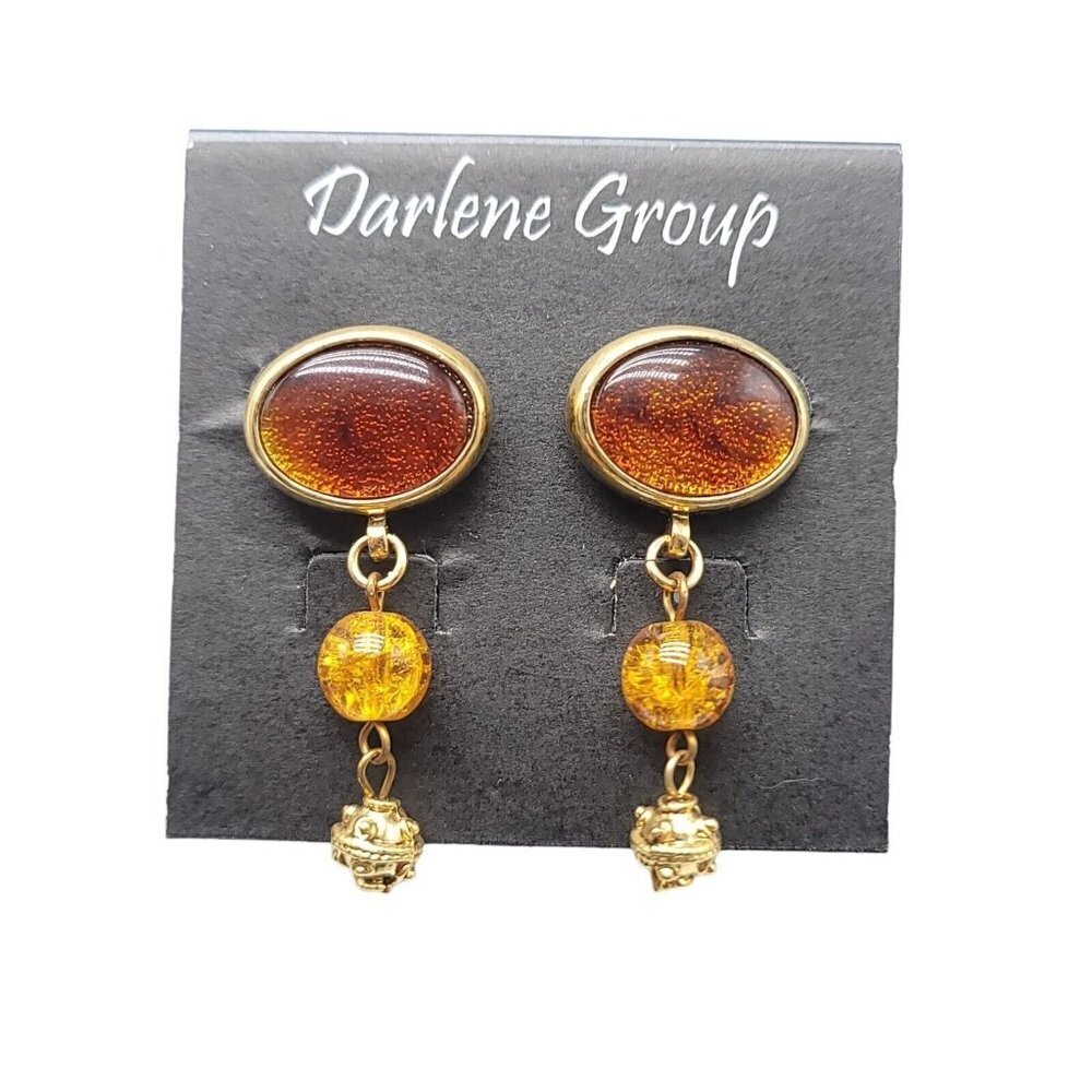 Darlene Group Brown Faux Amber Acrylic Dangle Bead Gold Tone Earrings (B)